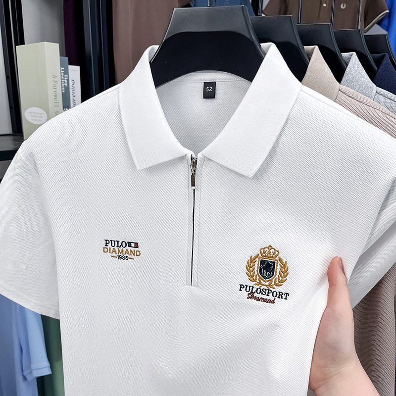 Summer New Short-Sleeved Men's T-Shirt Zipper Shirt Men's Pique Cotton Lapel Versatile Simple Loose Business Polo Shirt