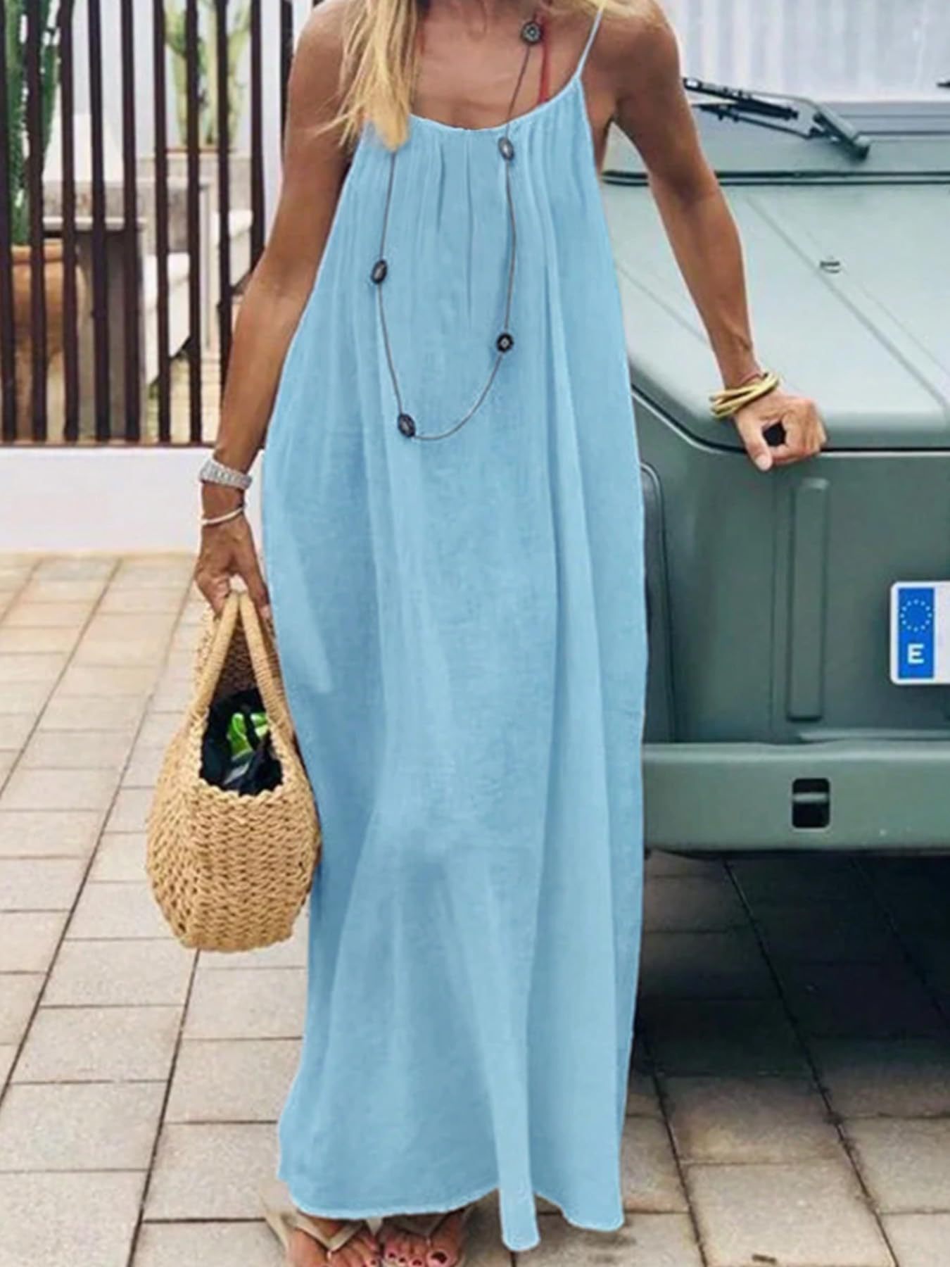 Amazon 2026 European and American Summer Women's Clothing Ice Silk Wrinkled Solid Color Pleated Backless Suspender Long Dress Beach Vacation Dress for Women