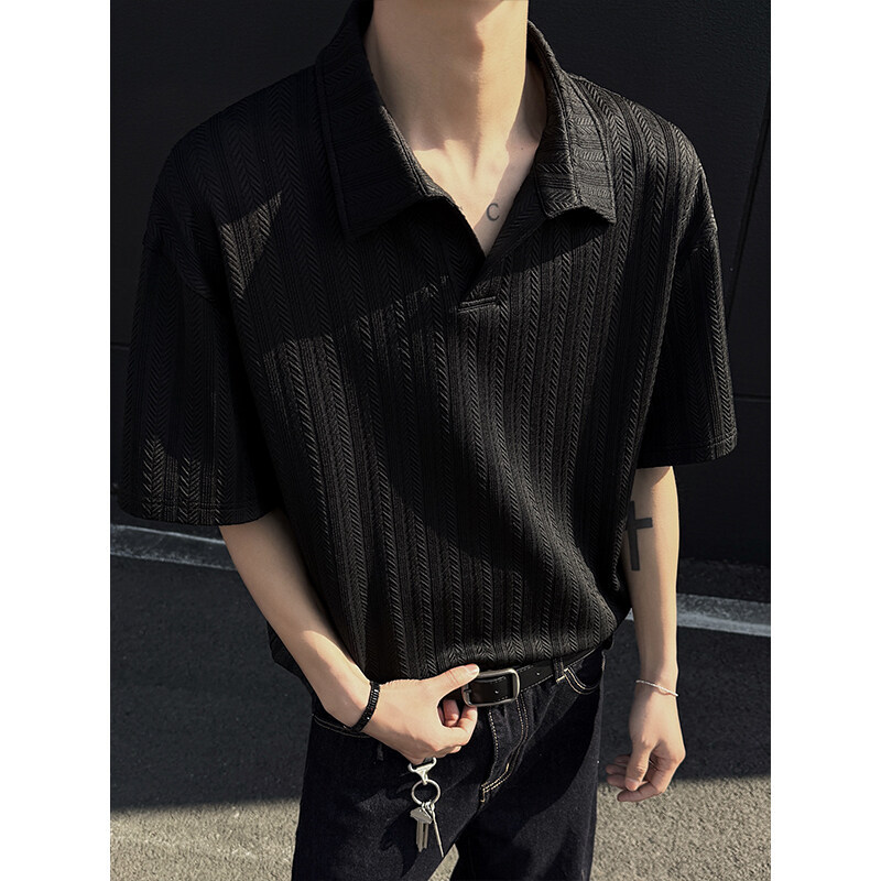 cleanfit Texture Wheat Stripe Short-sleeved T-shirt Men's Summer High-end Sense Turpid Handsome Lapel Polo Shirt Heavy Half-sleeved