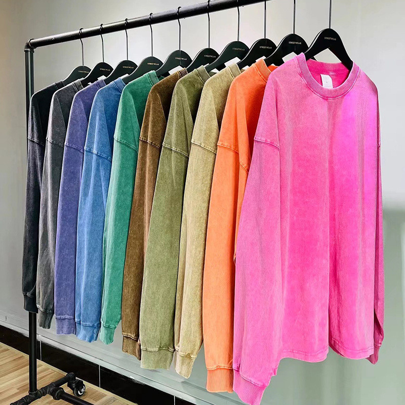 Vintage washed old small neckline tide long sleeve T-shirt men's American loose cotton 230g lovers jacket ins