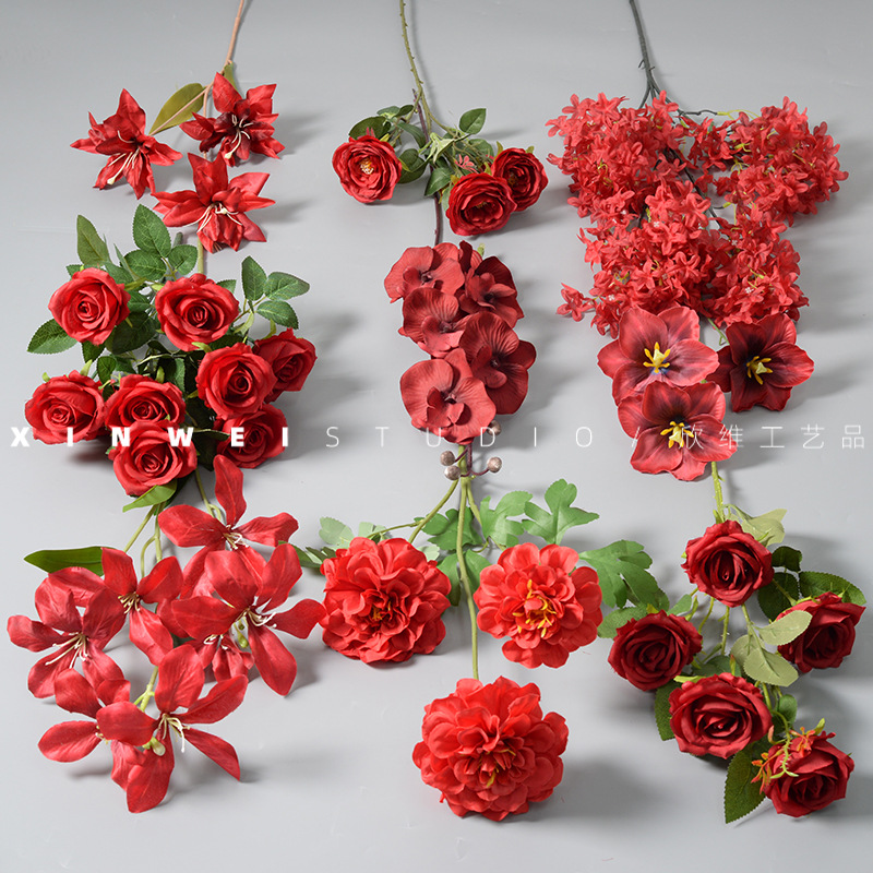 Red wedding wedding simulation flowers red wine red high sense fake flower material home new Chinese decorative flowers wholesale