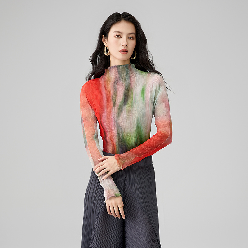 2025 Spring New Tie-Dye Lightweight Long-Sleeved Bottoming Shirt with Wicker Print, Fashionable and Versatile Half Turtleneck Slim T-Shirt