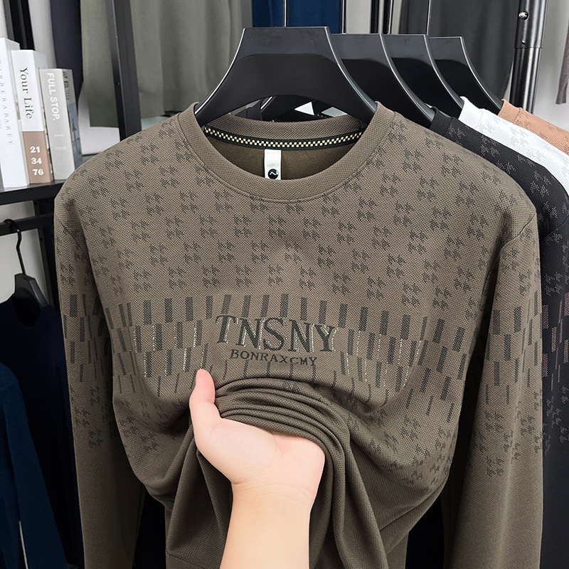 Cross-Border New Autumn Long-Sleeve T-Shirt for Men, Round Neck, Fashionable, Trendy, Casual, Skin-Friendly, Loose-Fit Men's Sweatshirt Base Layer