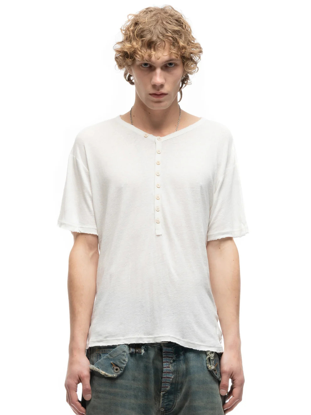 Dark Style Bamboo Cotton Henley Collar Short-Sleeve Vintage Distressed Frayed Edge Loose Men's T-Shirt Cross-Border Supply Base Shirt