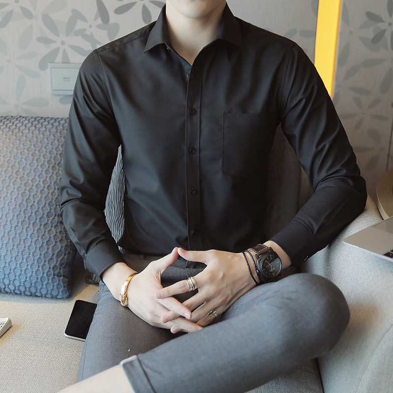 White Shirt Men's Autumn and Winter New Non-ironing Shirt Long-sleeved Slim-fit Business Professional Dress Pure Black Shirt Men's Clothing