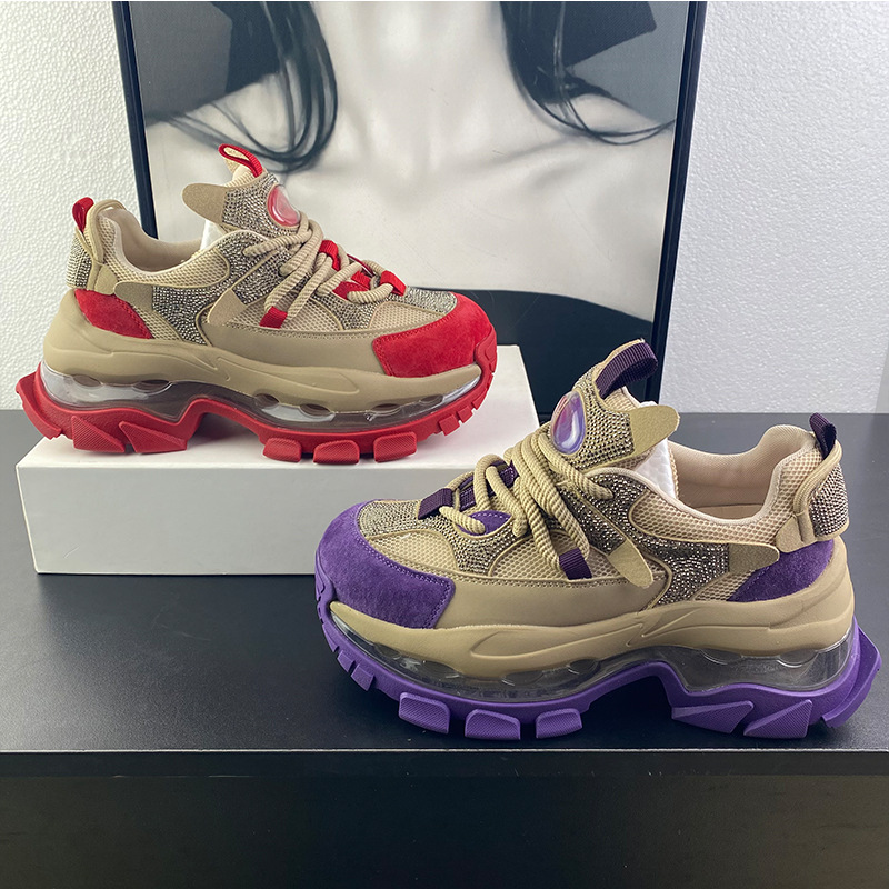 European Genuine Leather Air-Cushioned Thick-Soled Trendy Dad Shoes for Women, 2026 Spring/Summer New Style, Comfortable, Breathable, Casual Sports Shoes