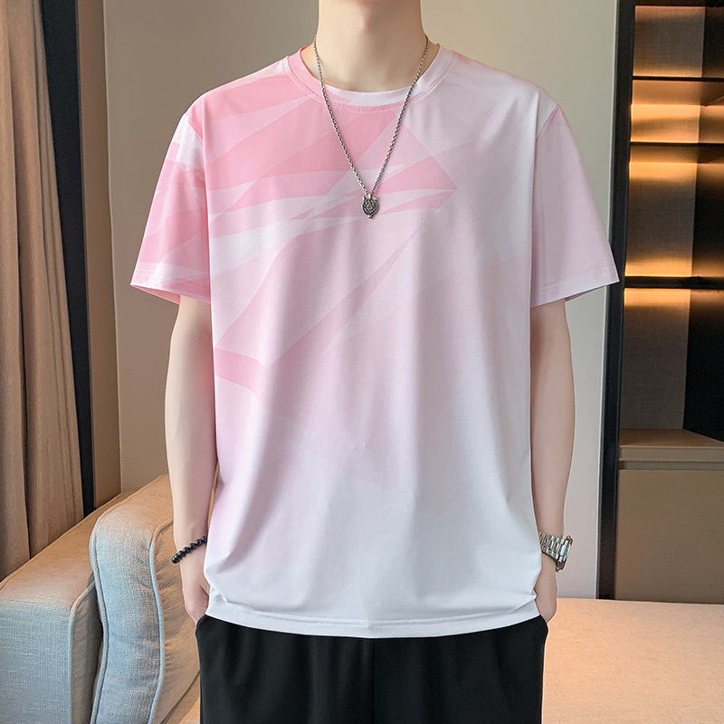Ice Silk Gradient Round Neck Short-Sleeved T-Shirt for Men, Summer Trendy Loose and Breathable Men's Versatile Half-Sleeved T-Shirt Top