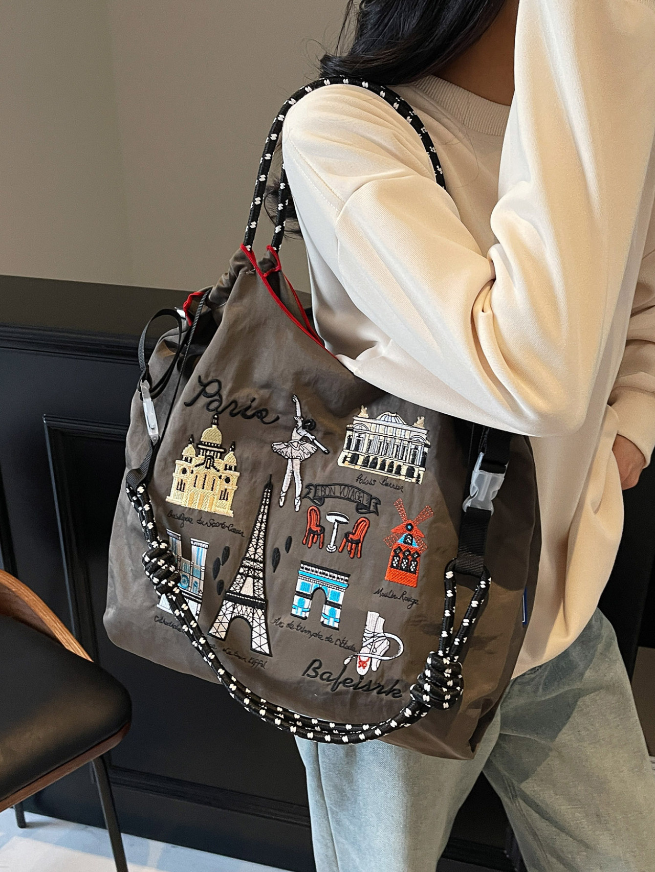 2025 New Arrival Fashionable All-match Environmentally Friendly Nylon Cloth Bag Shopping Bag Japanese Embroidery Shoulder Crossbody Bag Casual All-match