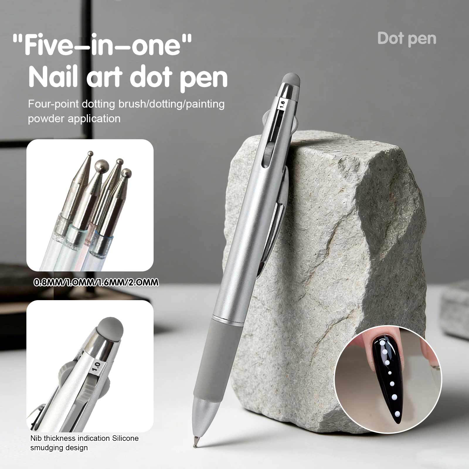 New Nail Art Tool Five-In-One Dotting Pen for Applying Powder, Magic Mirror Powder, Mirror Powder, Press-On Blending, Dotting, and Outlining