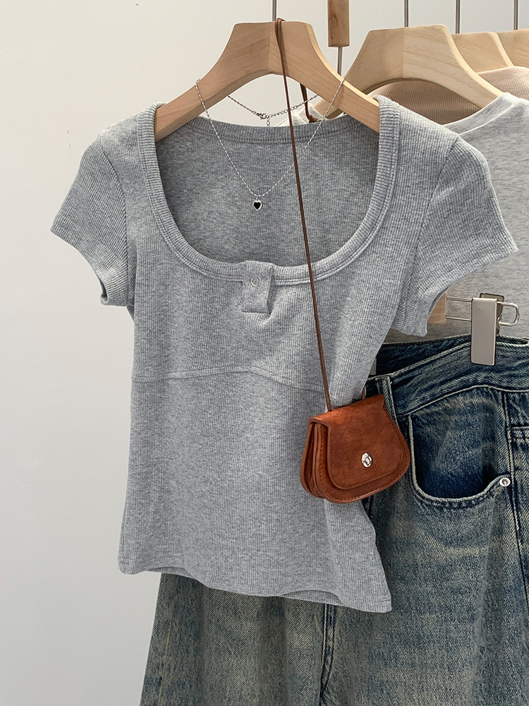 Shoulder Slim Stretch Thread Short Short Short-sleeved T-shirt Women's Summer New Niche Chic Unique Split Slim Top