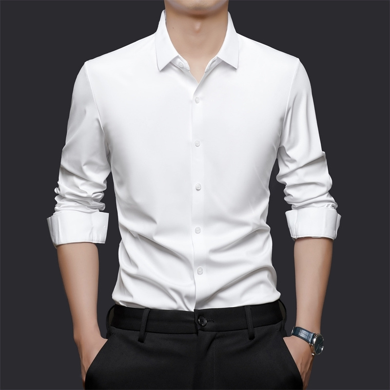 Men's Long-Sleeve Silk Shirt 2026 Spring and Autumn New Style Seamless Non-Iron Business Casual High-End Shirt Men's Clothing