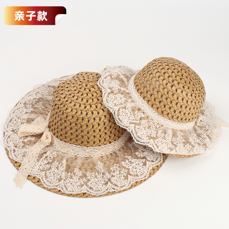 Spring and Summer New Style Lace Bow Straw Hat Mother and Daughter Family Big Brim Hat Kidsren's Summer Beach Sun Protection Sun Hat