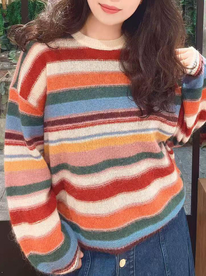 Bs26 Early Spring Dopamine Color-Blocked Striped Wool Blend Knit Sweater Women's Rainbow Sweater 1E26Sere