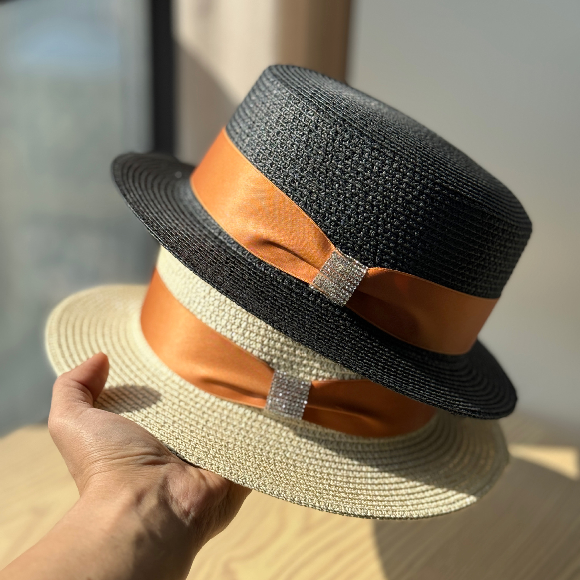 High-Quality Elegant Hat, French-Style Socialite Style, Large Head Circumference Hat, Flat-Top Straw Hat, Beach Vacation Sun Hat