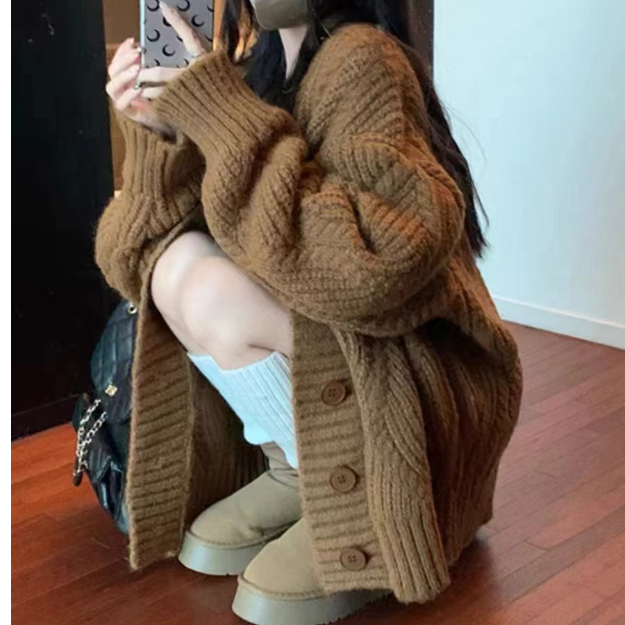 Nai Huhu Thick Brown Sweater Coat Women's Autumn and Winter Loose Lazy Wind Twist Vintage Knitted Cardigan Outer Wear Top