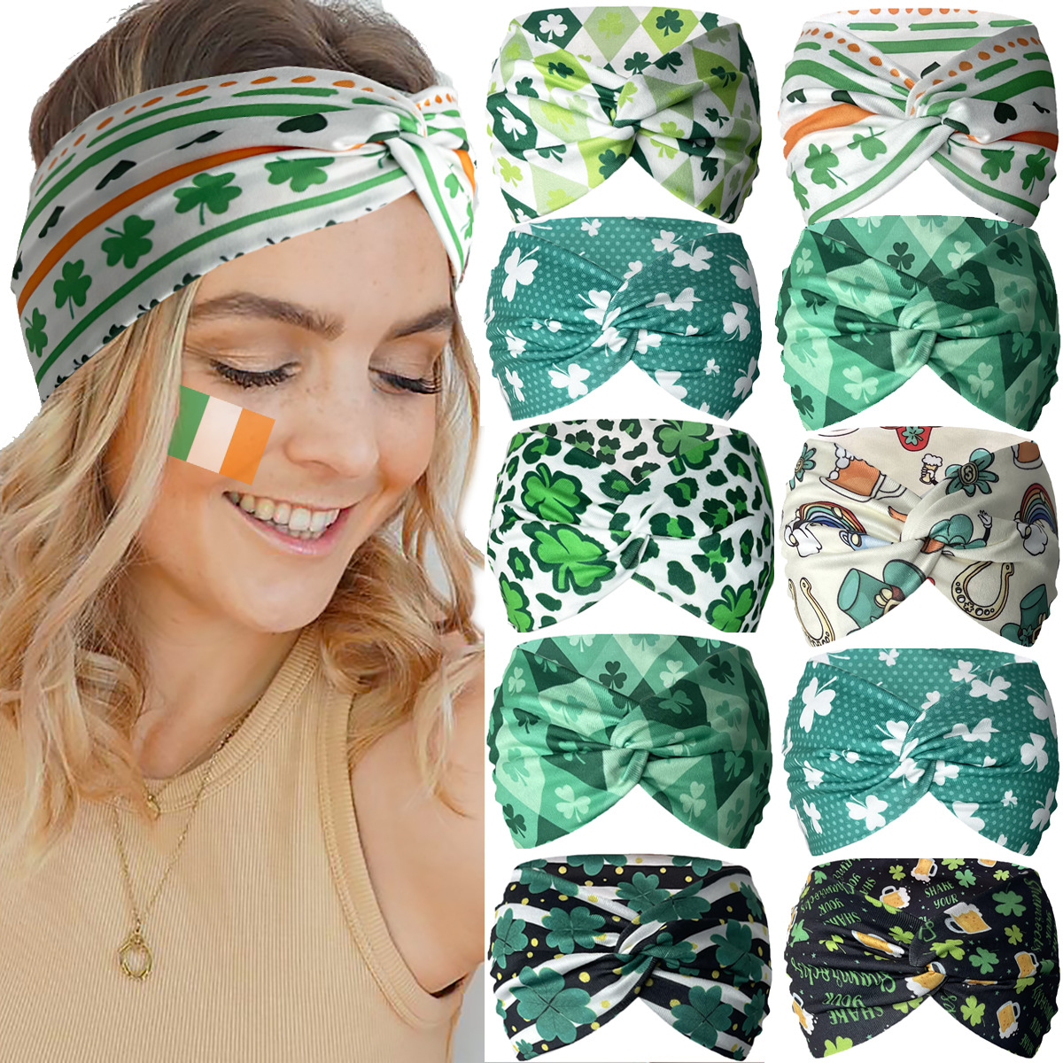 New Saint Patrick Print Cross Hair Band Irish Clover Stretch Sport Yoga Hair Band Headwear