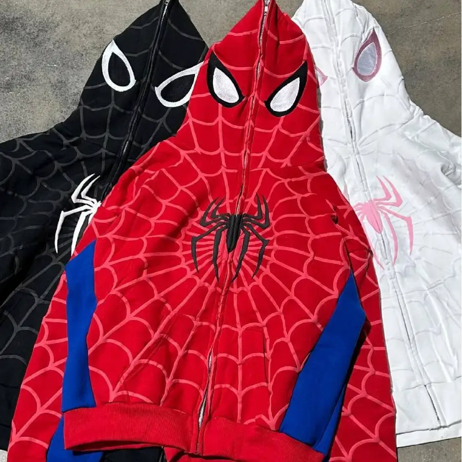 Europe and the United States cross-border new gothic dark spider print hooded cardigan full chain loose men and women tide sweater jacket