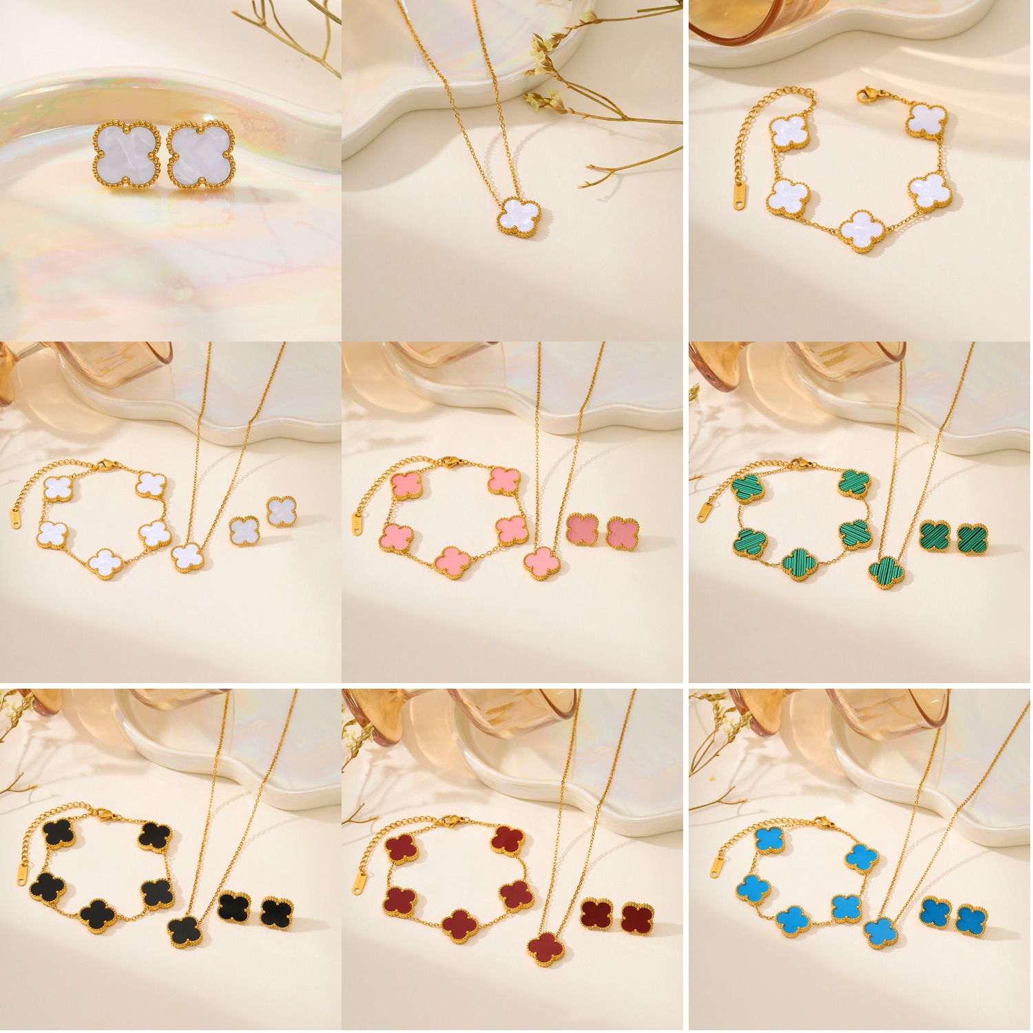 【Full Titanium Steel】Cross-Border Hot-Selling Four-Leaf Flower Classic Stainless Steel Necklace, Bracelet, and Earring Jewelry Three-Piece Set for Women