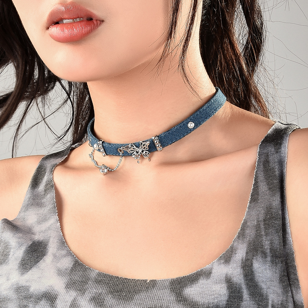 New Butterfly Tassel Denim High-End Heart Necklace Retro Blue Choker Clavicle Chain Neck Collar Wholesale