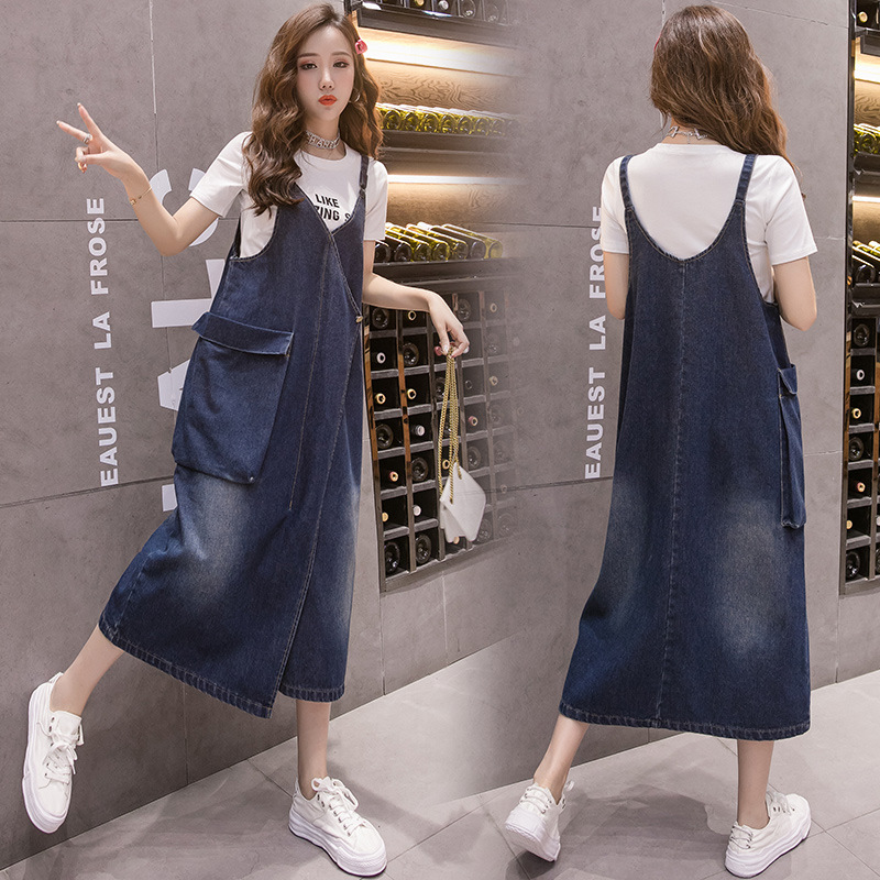Real Shot of Denim Suspender Skirt Mid-Length Slim Dress Women's Spring and Summer New Large Flap Pocket Pants Loose Casual Elegant Skirt