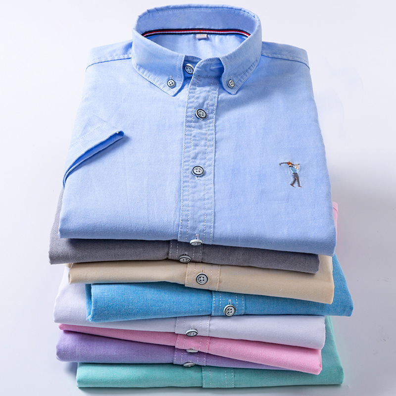 New Summer Short-sleeved Shirt Men's Solid Color Oxford Textile Casual Embroidery Trendy Slim-fit Shirt Short for Young and Middle-aged Men