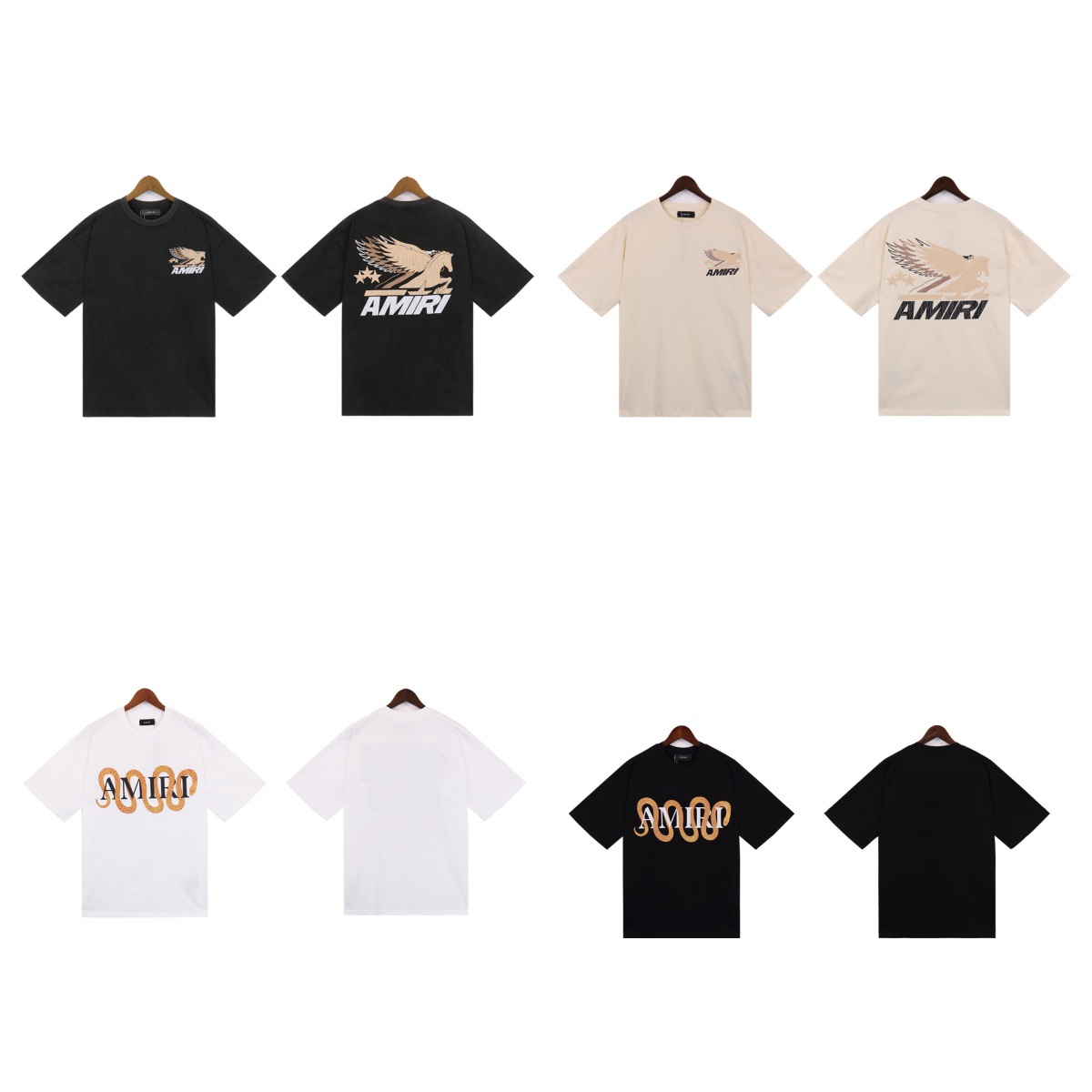 Amiri25S Cross-Border European and American Trendy Brand Amri Pegasus Letter Print Washed Short-Sleeved T-Shirt for Men and Women American High Street