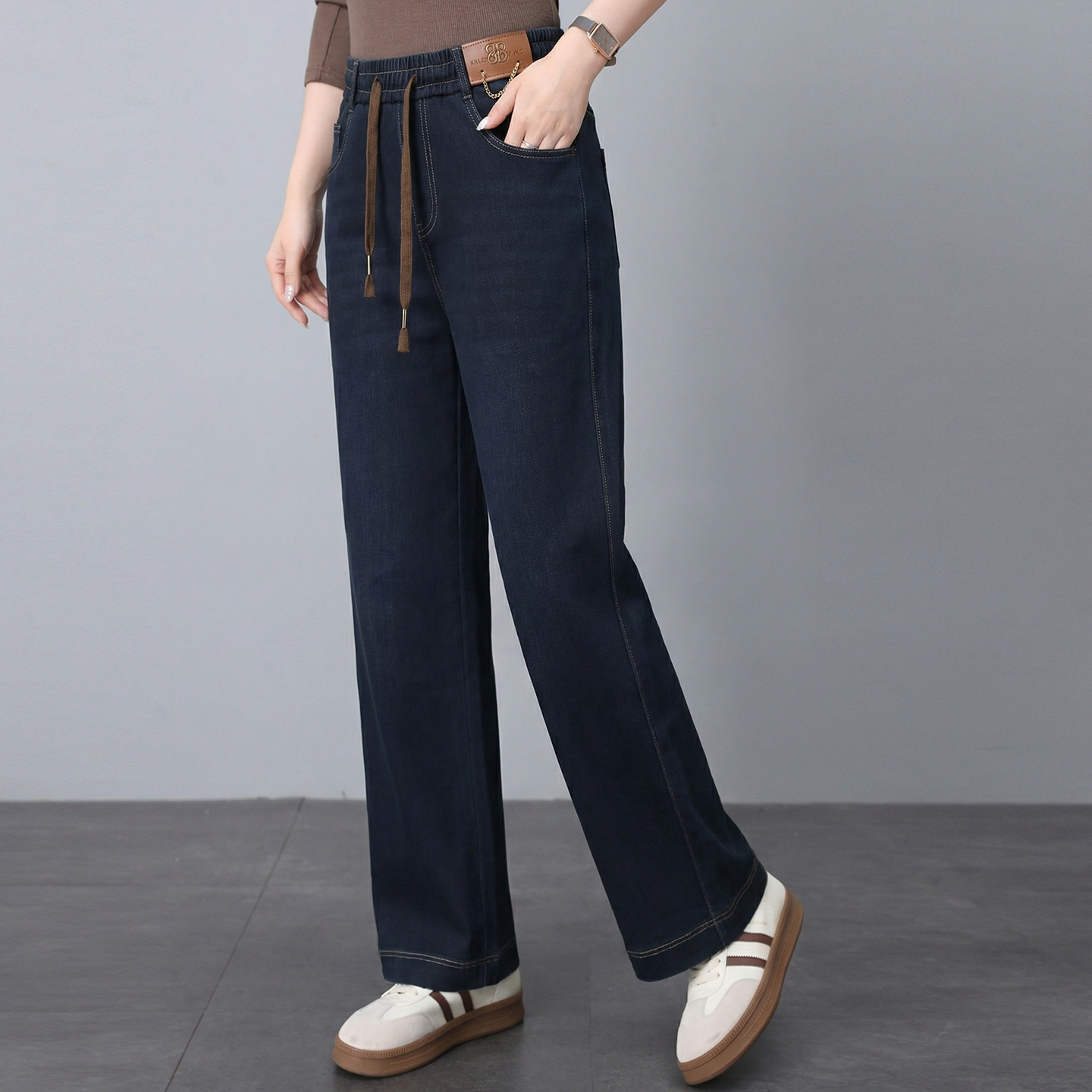 Mom's Elastic Waist Drawstring Jeans for Women 2026 Spring and Autumn New Large Size Versatile Straight-Leg Pants Casual Long Pants Trendy
