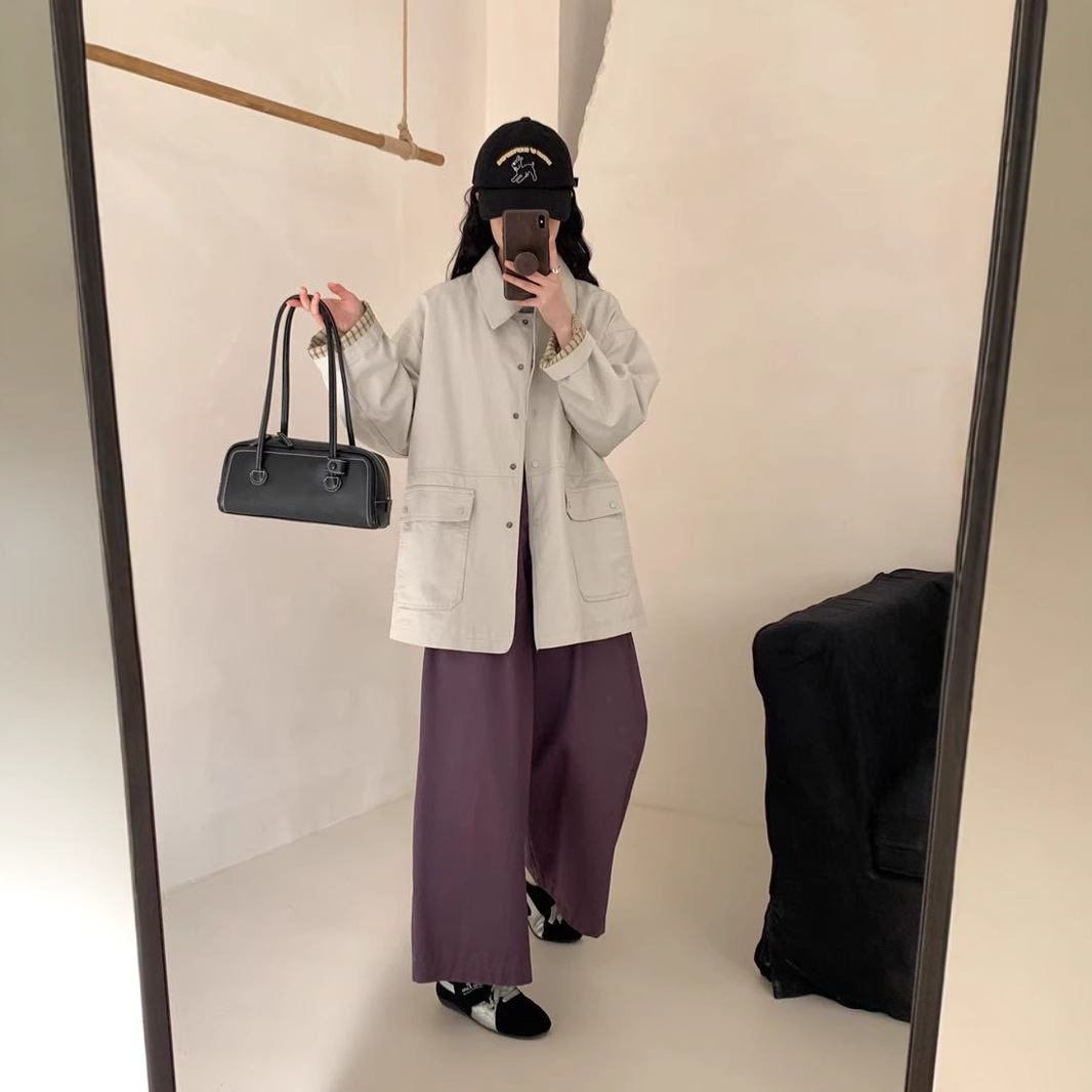 Solid Color Coat Coat 2025 Simple Retro Korean Style Lapel Single-breasted Loose Casual Mid-length Coat for Women