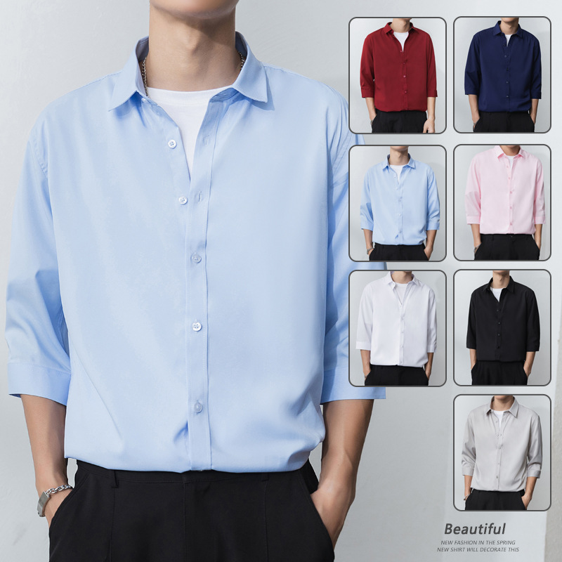 Three-quarter sleeve shirt men's non-ironing mid-sleeve shirt men's spring and summer shirt slim fit young men's coat solid color