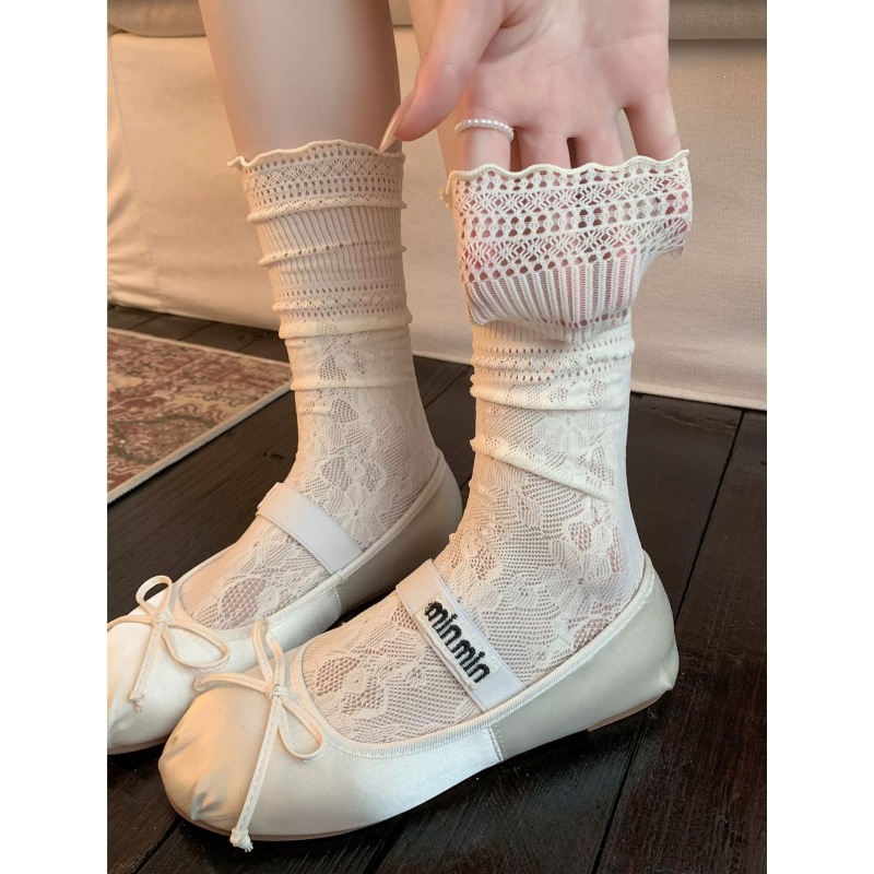 White Lace Socks for Women, Summer Thin Mid-Calf Socks, Lace Ballet-Style Mesh Long Socks, Ruffled Edge Slouch Socks