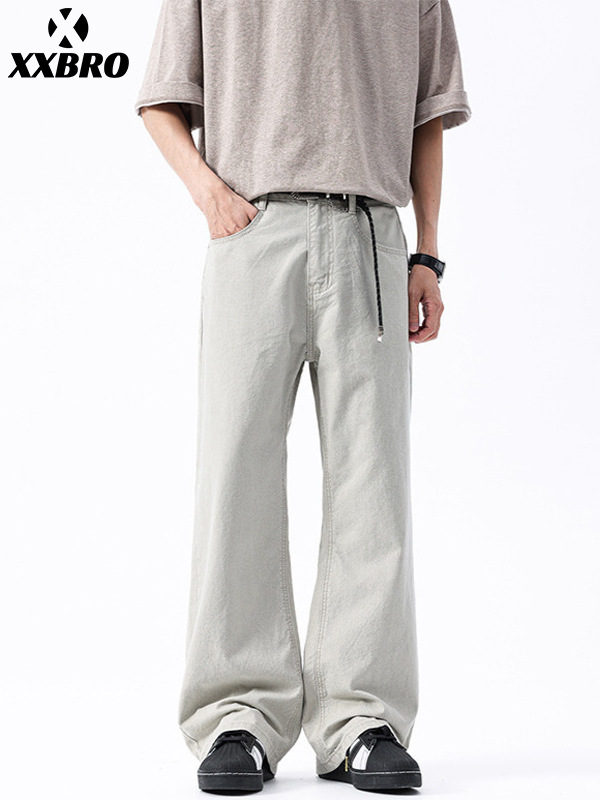 Muxi Clothing # Spring and Autumn Trendy Retro High Street Straight-Leg Pants, Slightly Flared Khaki White Versatile Casual Pants for Men, Loose Fit.