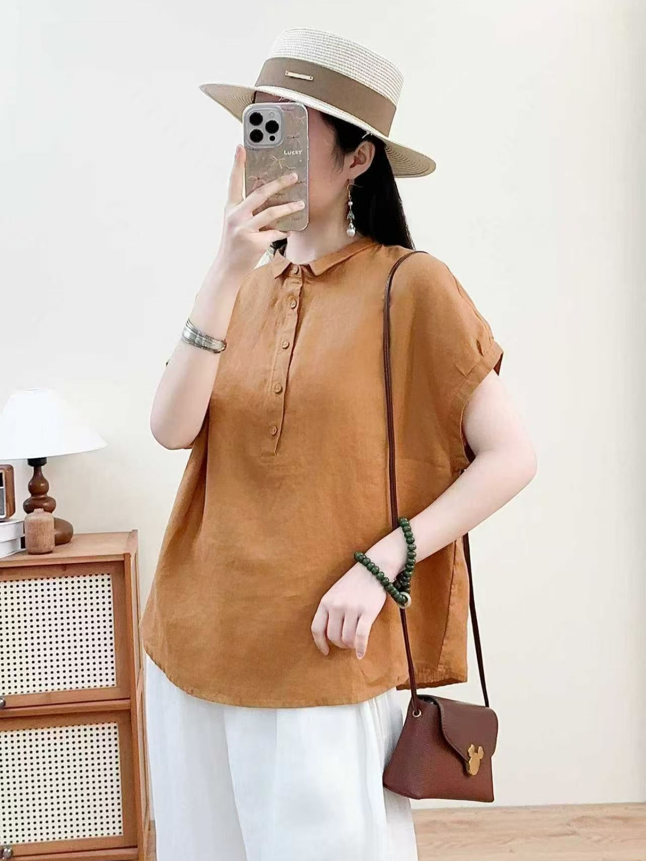 2026 Summer Short-Sleeve Women's Pure Linen Flutter Sleeve Shirt, Thin Loose Casual Shirt Top, New Style