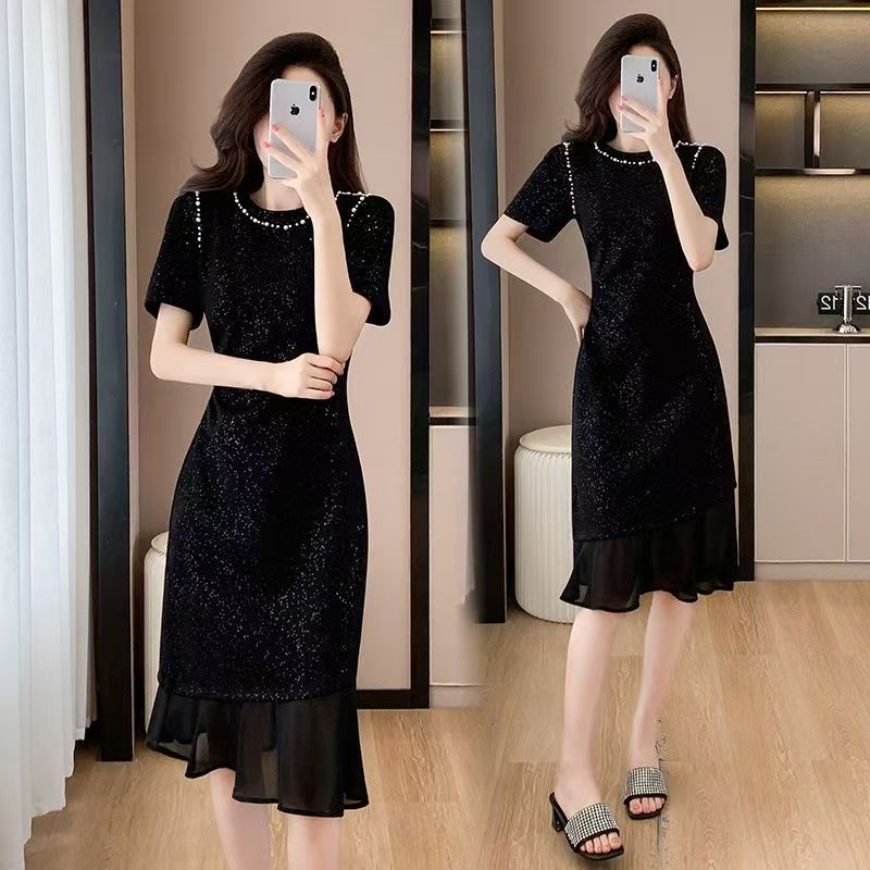 2025 Casual Summer New Arrival Loose Fine Shining Beads French Style dress Women's Short-sleeved Mid-length T-shirt Ins