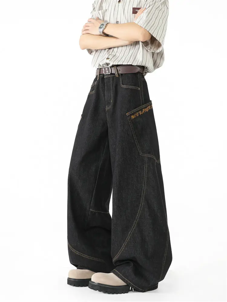 American curved knife shaped jeans for men, deconstructing retro design with large pockets, clean fit, loose wide leg pants
