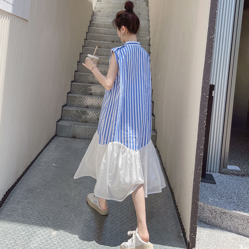 Fat Mm-Jin Stripesd Splicing Dress Women's Summer New Polo Korean Style Loose Casual Long Skirt
