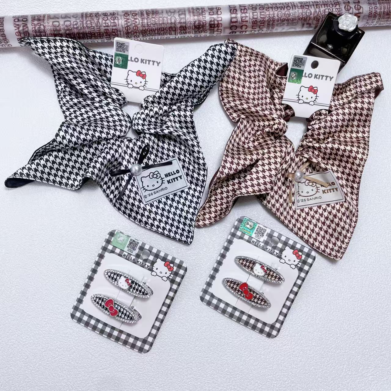 Officially Licensed Sanrio Hello Kitty Houndstooth Cute Cartoon Hair Clip Square Scarf High Elasticity Hair Tie 007