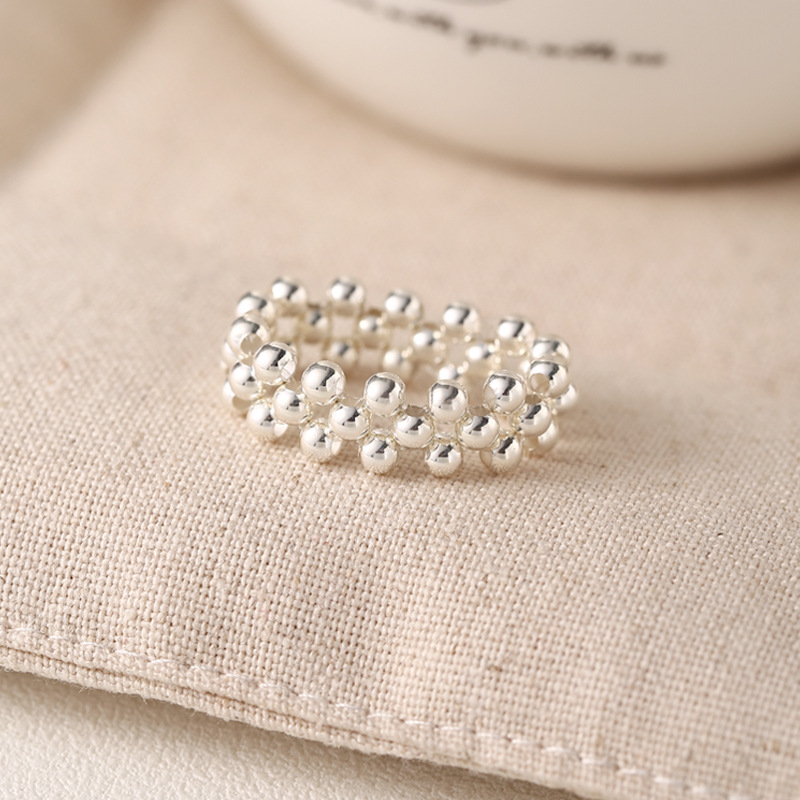 Korean Rice Bead Elastic String Design Sterling Silver Ring for Women, Minimalist Cool Style, Niche Design, Stackable on the Index Finger