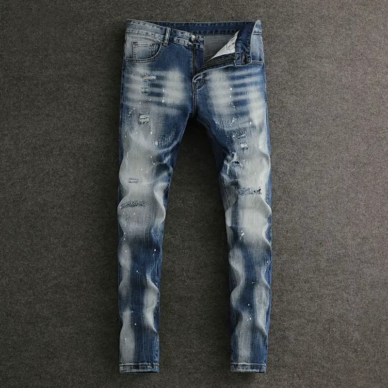 European Station Fashionable Street Trendy Men's Jeans Old light blue Vintage Ripped Hole Paint Micro-elastic Slim-fit Skinny Pants for Men