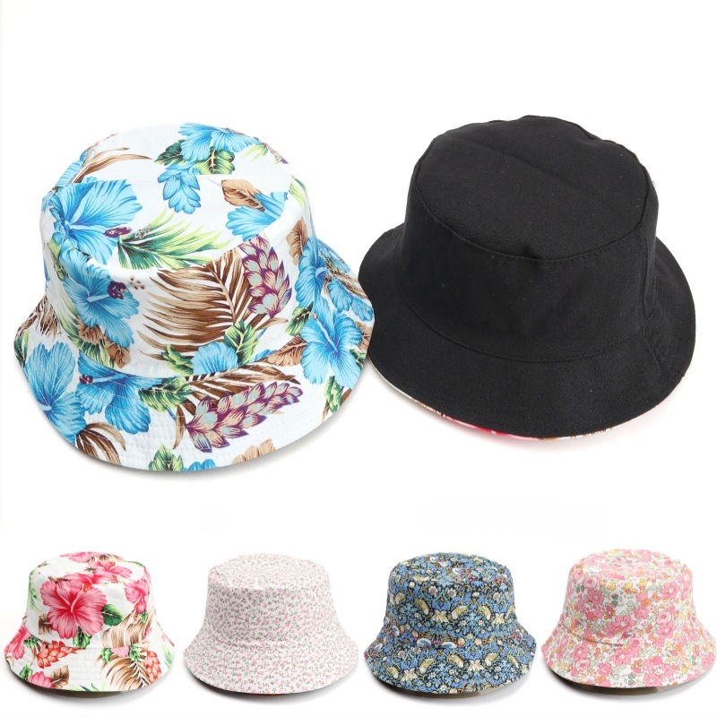 Cross-Border European and American Spring and Summer Versatile Sunshade and Sun Protection Beach Hats for Travel, Leaves and Flowers, Double-Sided Fisherman Hats for Men and Women