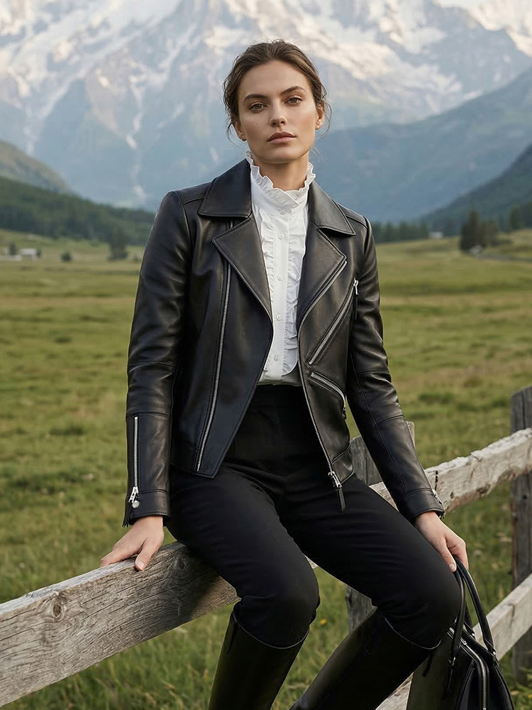 High-End Black Sheepskin Leather Jacket for Women, Slim Fit, Genuine Leather, Stylish and Elegant, with a Turn-Down Collar, Biker Style, Trendy for Petite Sizes