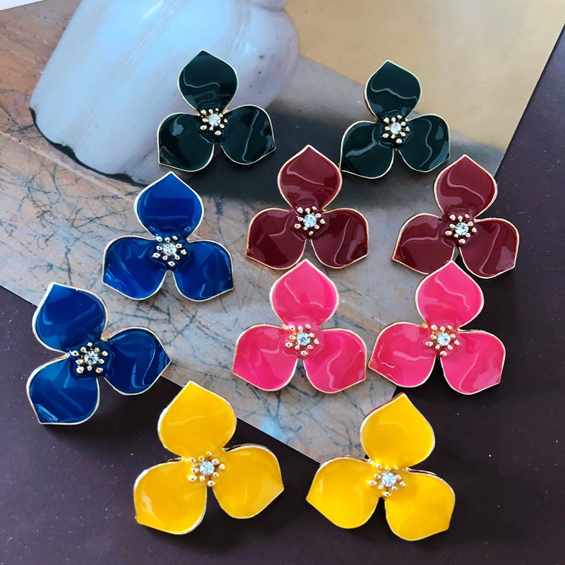 Japanese and Korean Sweet Vintage Elegant Clover Multicolor Silver Needle Ear Stud Glaze Enamel Vintage Hong Kong Style A73