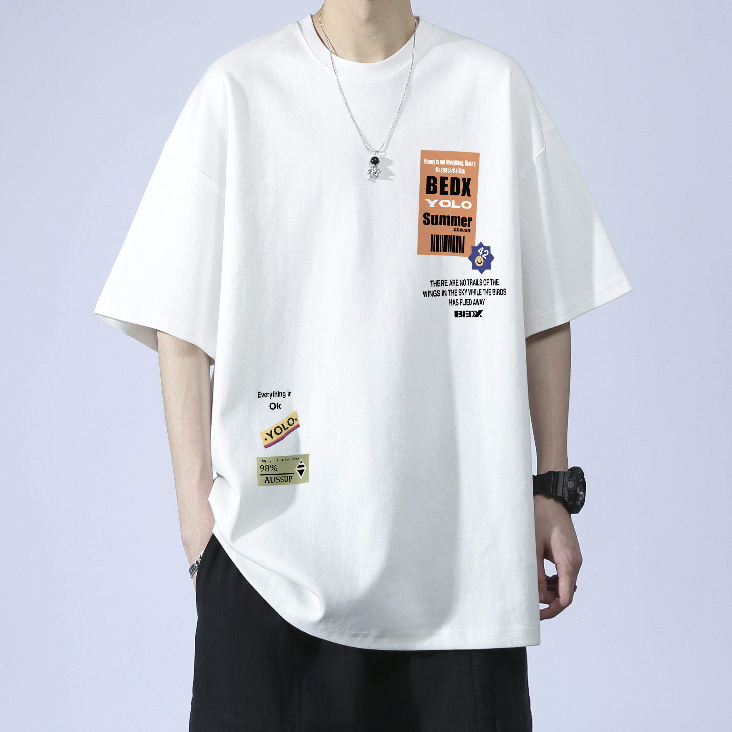Pure Cotton Short-sleeved T-shirt Men's Trendy Brand Summer Teenagers Junior High School Students Handsome Half-sleeved Summer Top for High School Students