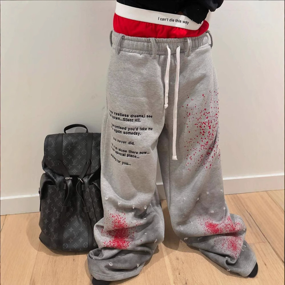American Gothic Old Inkjet Painted Letter Printed Double-Layer Sports Casual Pants for Men Loose Hip-Hop Rap Street