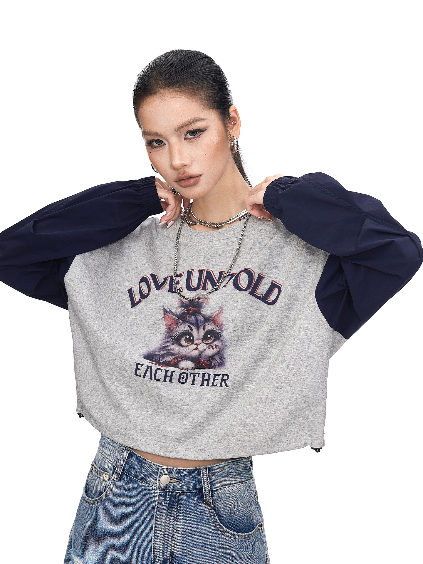 Tuogu Cartoon Cat Round Neck Pullover Sweatshirt for Women, New Spring Fashion Trendy Brand Short Long Sleeve T-Shirt, Color-Block Top for Women
