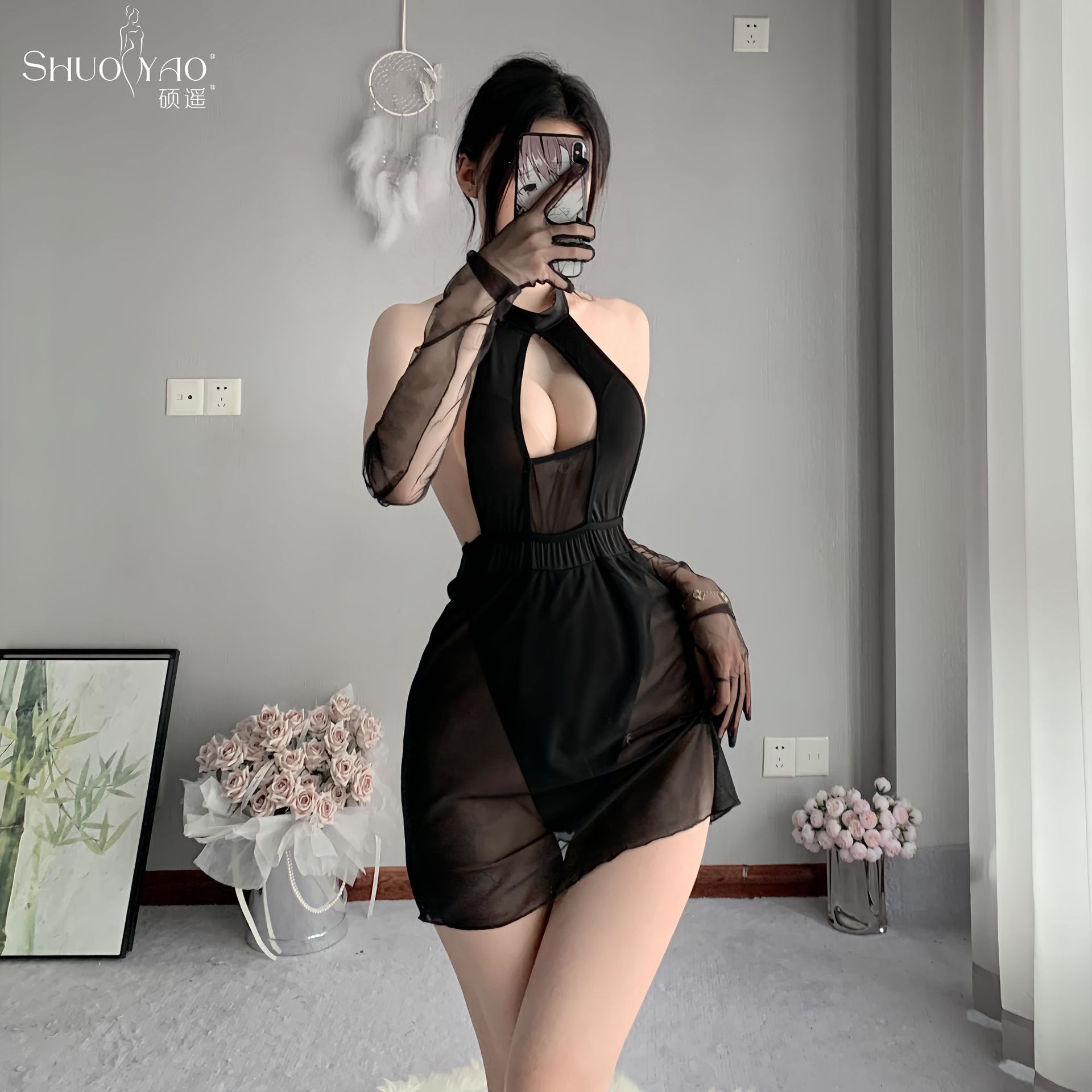 Shuoyao sexy lingerie sexy halter Hollow hot nightclub hip skirt see-through pajamas one-piece uniform female 1152