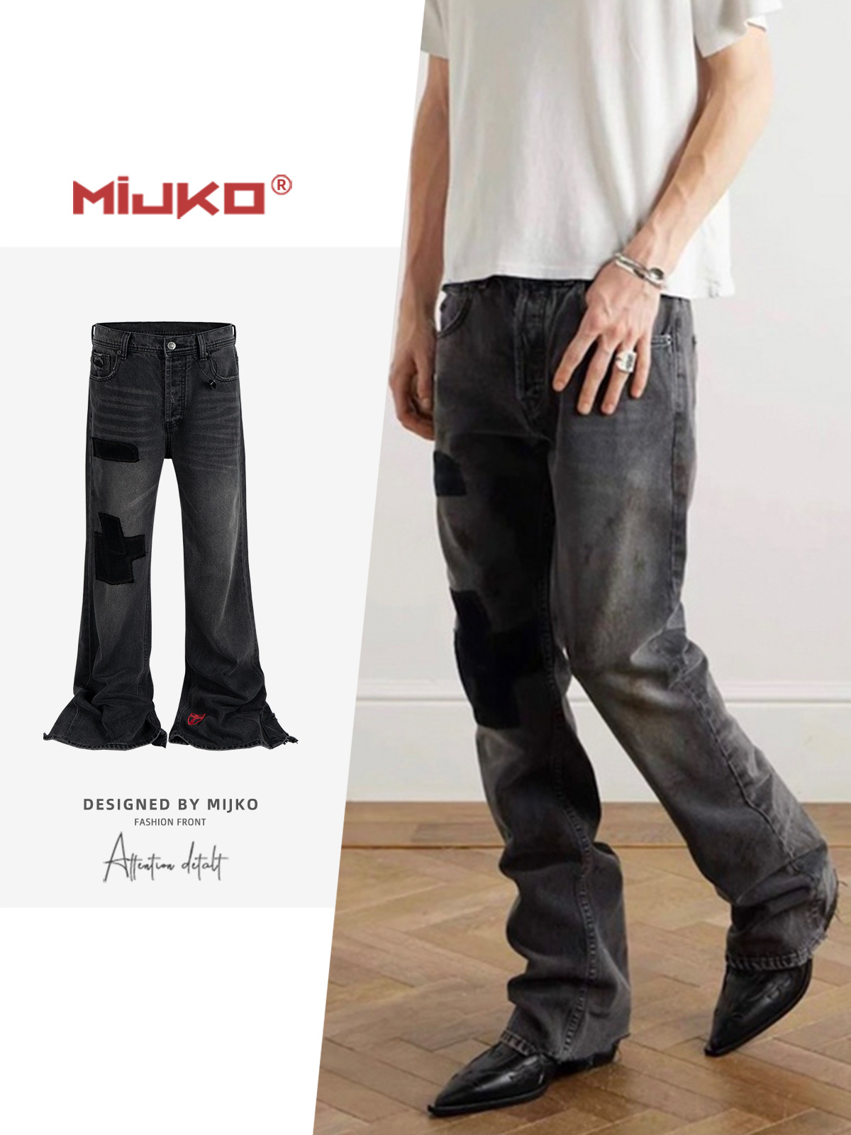Mijko Men's and Women's Corduroy Patch Distressed Jeans Unisex American Style Whiskered Flared Wide-Leg Pants Foto QC de 1688 na Qualit.ly