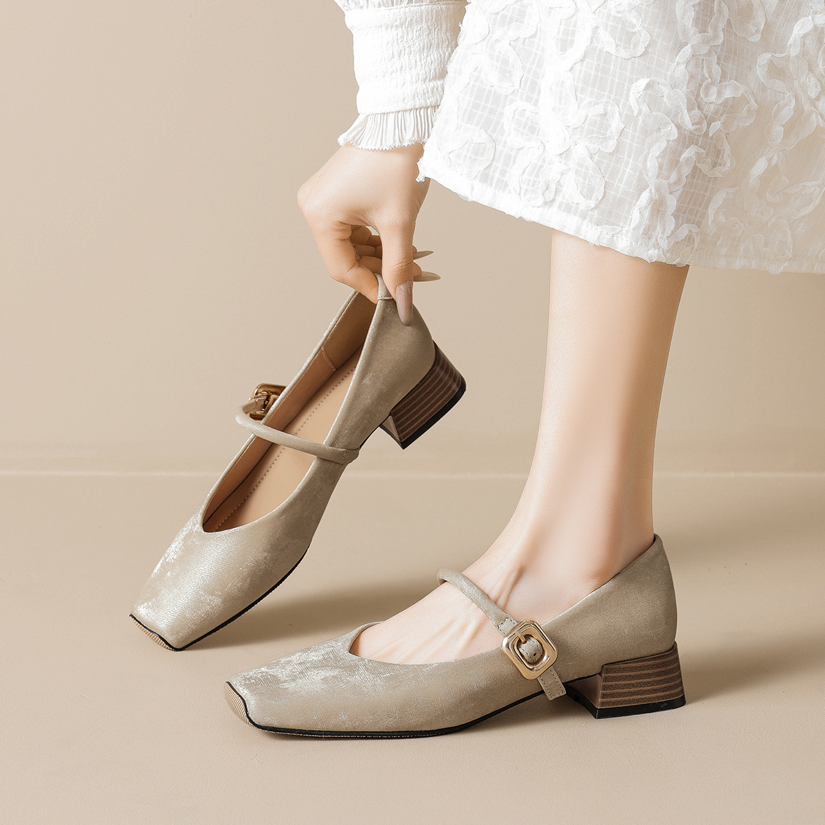 Weimei Girl 339-1 Square-Toe Chunky Heel Mary Jane Shoes for Women, French Satin Strap Soft Sole Comfortable Flats