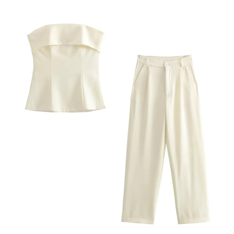Cross-Border Women's Clothing Wholesale 2026 European and American Style Off-Shoulder Solid Color Versatile Tube Top + High-Waisted Long Pants Set