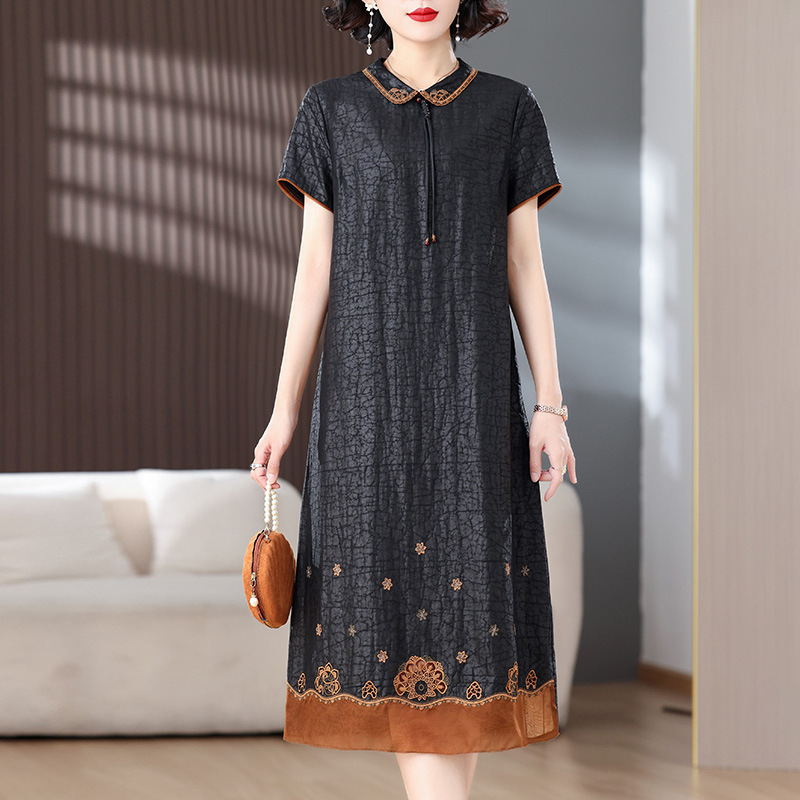 Brand Embroidered Silk dress Women's High-end Xiangyun Yarn New Chinese Style National Style Loose Slim Look Meat Covering Elegant Long Dress