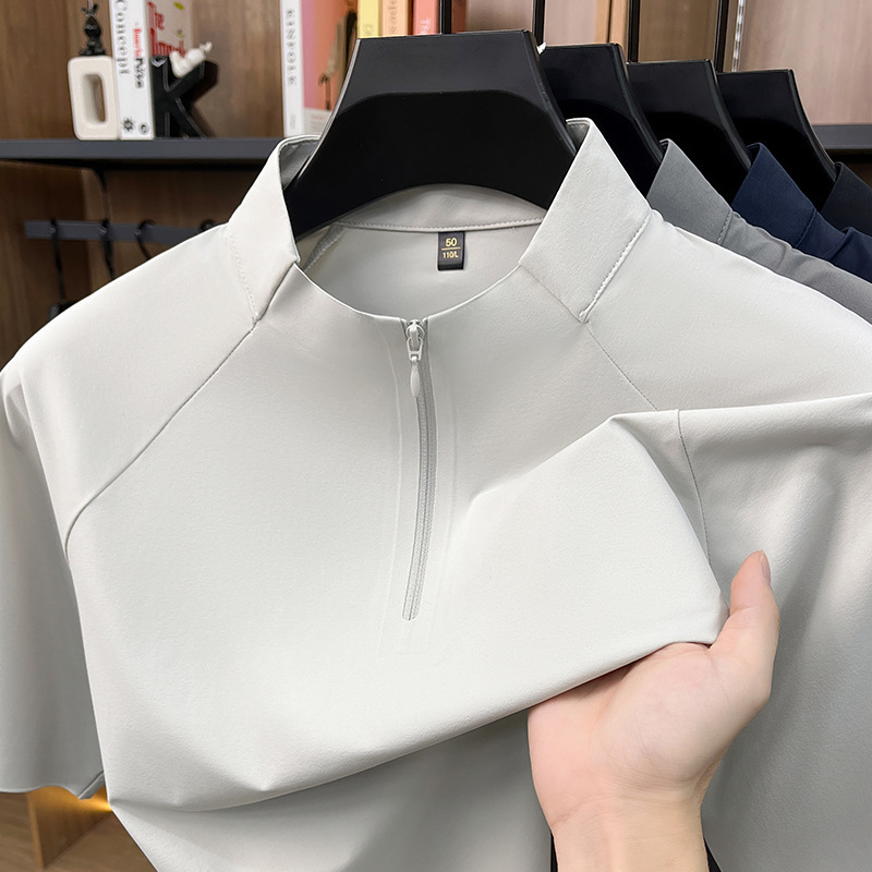 Fashionable Zip-Up Stand Collar Short-Sleeve T-Shirt, Sporty Style, Men's New Summer Outdoor Casual Solid Color Cool Top